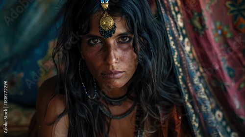 A striking image displaying a Roma female. The wanderer piercing gaze hints at stories from past travels as a gypsy, nomad, and itinerant sojourner