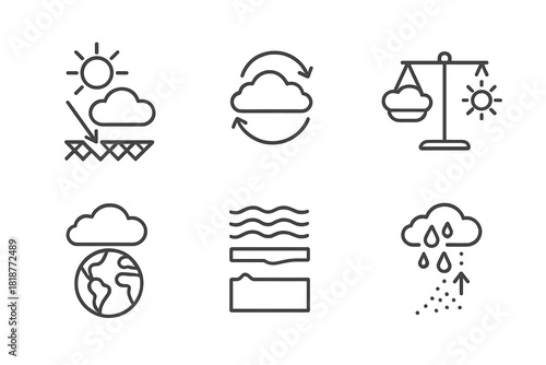 Climate Interaction Icons. Line style icons of Climate and Cloud Interaction: albedo reflection icon, cloud feedback loop,