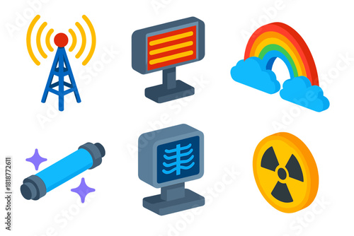 Electromagnetic Spectrum Icons. Isometric vector illustration set Electromagnetic Spectrum: radio wave antenna, infrared heater,