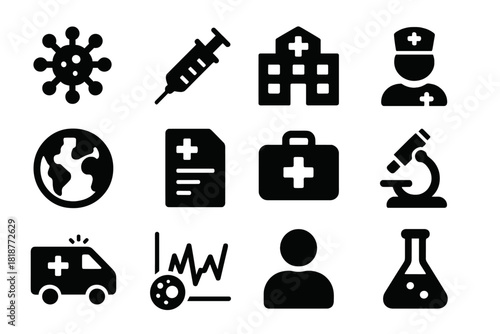 Global Health Icons. Solid style icons of Global Health: virus, vaccine syringe, hospital, health worker, globe, medical report,