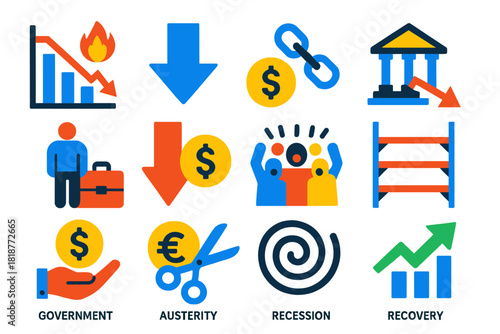 Economic Crisis Icons. Flat vector icons of economic crises: inflation graph, deflation arrow, debt chain, bank collapse,