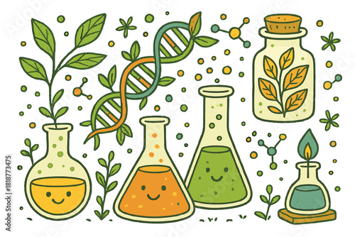 Whimsical Doodle Lab. Whimsical doodle herbal pharmacology scene with smiling flasks, cartoon DNA strands intertwined with plants,