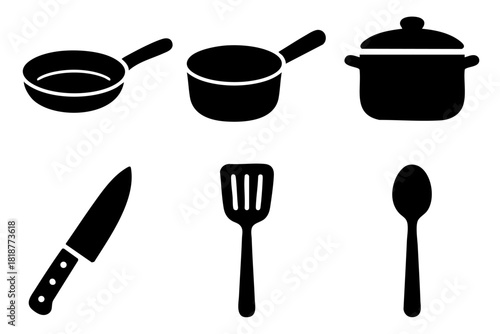 Different cooking utensils silhouette icons set, simple design. Vector stock illustration