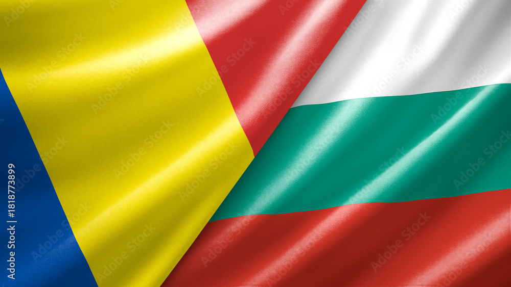 Obraz premium Romania and Bulgaria two national flags filling the entire frame, close-up view, edge-to-edge composition