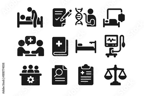 Ethical Healthcare Icons. Solid style icons of Ethical Healthcare Practices: end-of-life care, patient consent, experimental
