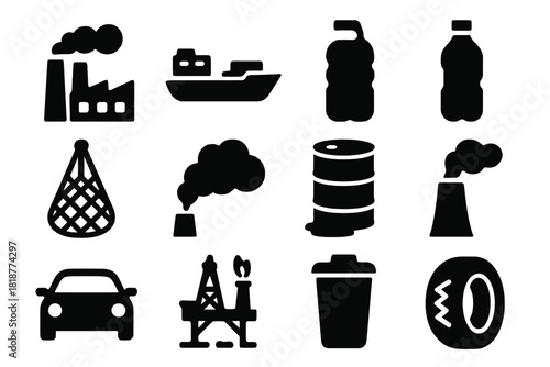 Human Impact Icons. Solid style icons of Human Impact: Factory, Ship, Pipe, Plastic Bottle, Fishing Net, Gas Emission, Barrel,