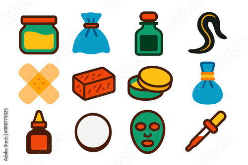 Vintage Dermatology Icons. Flat vector icons of Old Dermatology Treatments: herbal salve jar, poultice cloth, medicinal bottle,