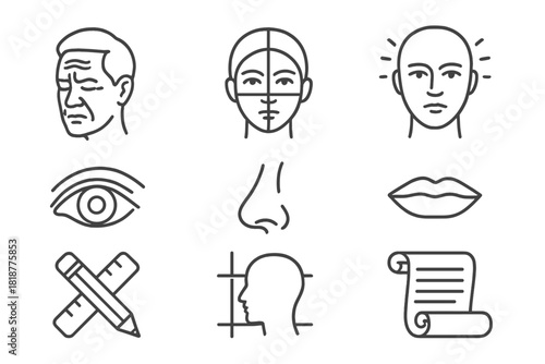 Historical Face Analysis Icons. Line style icons of Historical Face Analysis: Forehead Wrinkle Reading, Face Mapping, Character