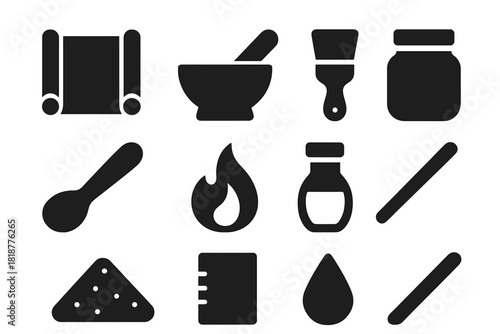 Ancient Glue Icons. Solid style icons of ancient glue recipes and tools: parchment scroll, mortar and pestle, brush, jar, spoon,