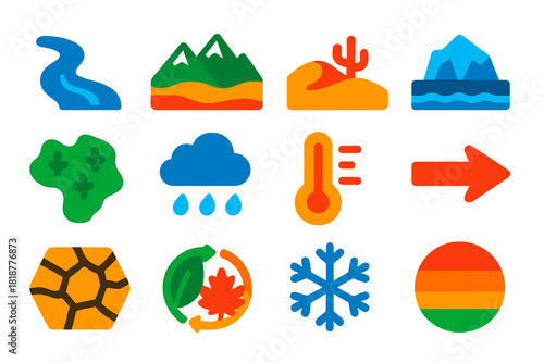 Continental Climate Icons. Flat vector icons of continental climate indicators: river icon, mountain range, desert symbol, glacier
