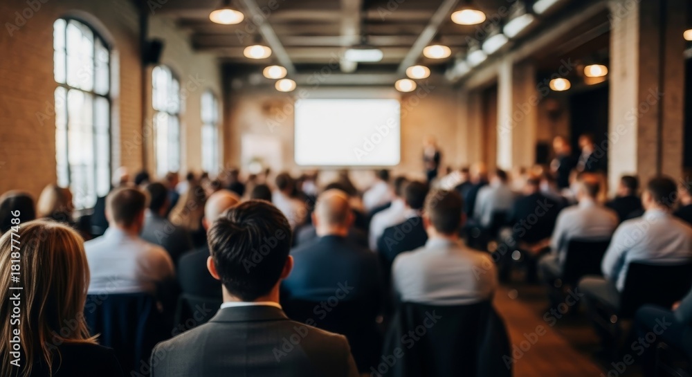 Obraz premium Audience listens to speakers at a conference in a large room with a projection screen and windows