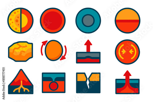 Planetary Interiors Icons. Flat vector icons of planetary interiors: layered cutaway of Io, magma ocean, metallic core, silicate