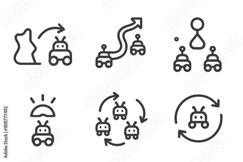 Swarms Adaptive Behavior Icons. Line style icons of Adaptive Behavior in Swarms: obstacle avoidance, path recalculation, group