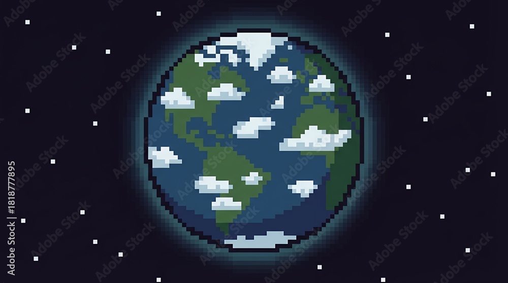 Fototapeta premium Illustration of pixel art style Earth planet with clouds in space