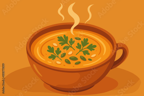 Creamy Pumpkin Delight. Close-up of a steaming bowl of creamy pumpkin soup garnished with fresh herbs and seeds, inviting vector
