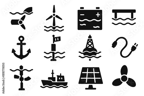 Marine Technology Icons. Solid style icons of Marine Renewable Technology: wave turbine, offshore wind turbine, saltwater battery,