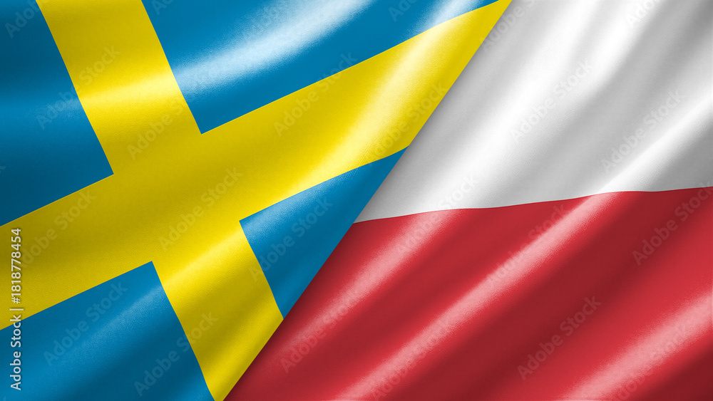 Obraz premium Sweden and Poland two national flags filling the entire frame, close-up view, edge-to-edge composition