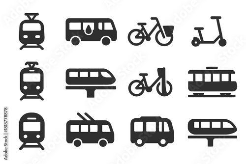 Renewable Transport Icons. Solid style icons of Renewable Transport Systems: electric train, hydrogen bus, cargo bike, e-scooter,