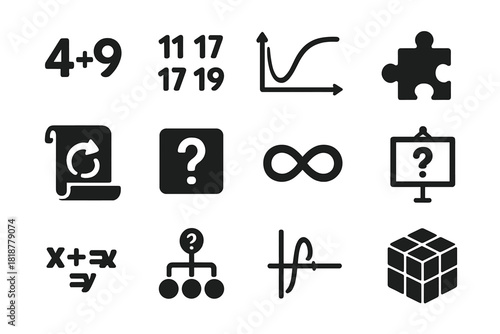 Mathematical Mysteries Icons. Solid style icons of famous problems: Goldbach conjecture, twin prime hypothesis, Riemann zeta curve