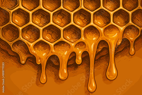 Honeycomb Elegance. Intricate close-up of honeycomb with golden honey dripping, rich textures, soft warm lighting, perfect for