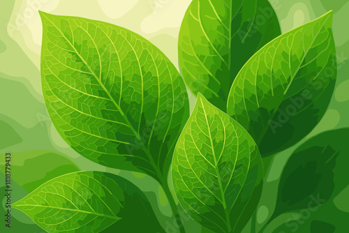 Vibrant Green Serenity. Close-up of vibrant green leaves with intricate veins, soft natural lighting, fresh and serene,