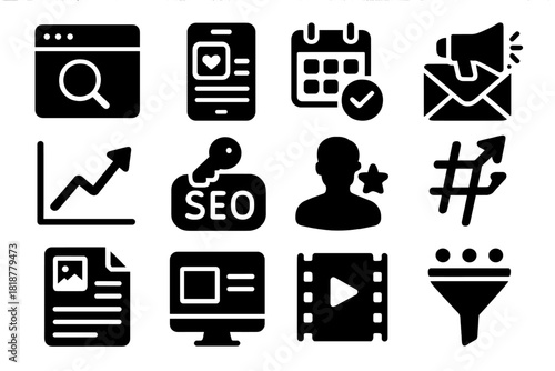 Marketing Analytics Icons. Solid style icons of Marketing Analytics: search engine, social media feed, content plan, email