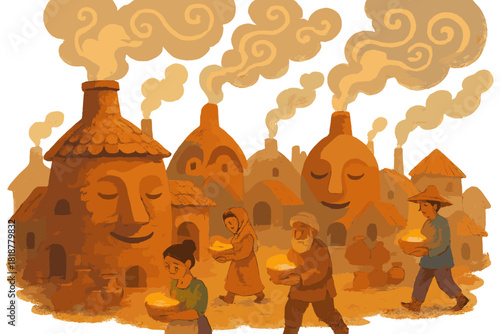Face Kiln Village. Pottery village with kilns shaped like faces, smoke forming patterns, and villagers carrying glowing bowls No