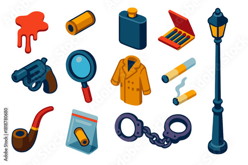 Noir Investigation Icons. Isometric vector illustration set Noir Investigation: dripping bloodstain, bullet shell casing, whiskey