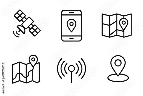 GPS Technology Icons. Line style icons of GPS Technology Impact: satellite orbit, smartphone with pin, digital map screen, route