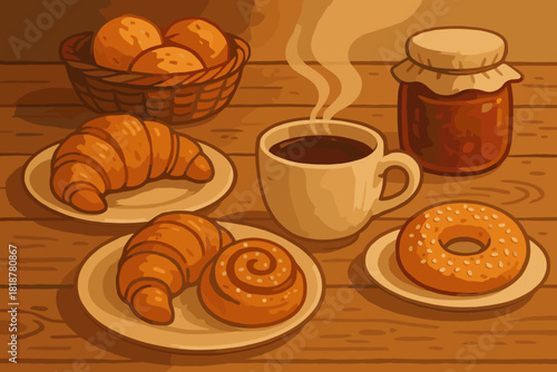 Inviting Rustic Breakfast. Rustic breakfast vector illustration table with fresh pastries, jam, and a steaming cup of coffee, soft