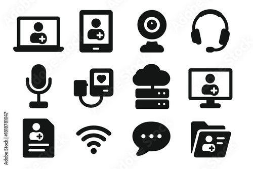 Telehealth Equipment Icons. Solid style icons of telehealth equipment: laptop, tablet, webcam, headset, microphone, medical device