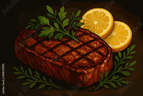 Grilled Steak Elegance. Juicy grilled steak garnished with fresh vector illustration herbs and lemon slices, rich textures, warm