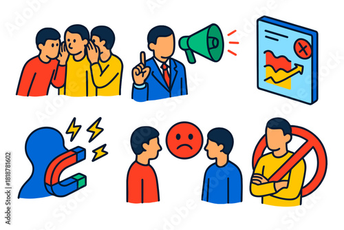 Rumor Dynamics Icons. Isometric vector illustration set Psychology of rumor transmission: whispering chains, social influence,
