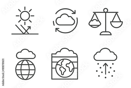 Climate Interaction Icons. Line style icons of Climate and Cloud Interaction: albedo reflection icon, cloud feedback loop,