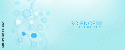 Health care or medical abstract background with hexagons, lines and dots. Scientific innovation banner template concept. Biology and pharmaceutical technology background. illustration.