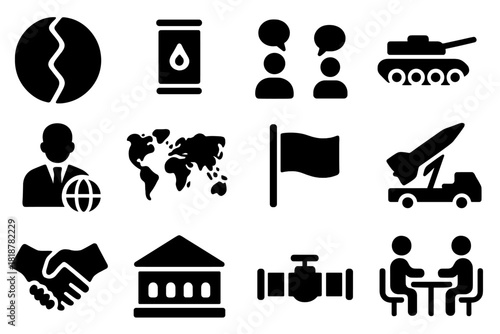 Global Conflict Icons. Solid style icons of Global Disputes: border line, oil resources, diplomatic discussion, tank, ambassador,