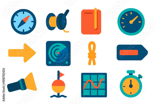 Underwater Navigation Icons. Flat vector icons of Underwater Navigation: compass, reel line, navigation slate, depth gauge,