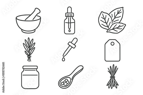 Traditional Healing Icons. Line style icons of Traditional Healing: Ancient Remedy, Herb, Preparation, Folk Medicine; Mortar and