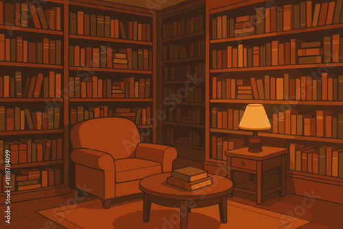 Cozy Library Retreat. Cozy library interior with shelves filled with books and warm golden lighting, nostalgic and intellectual