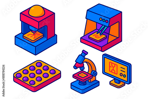 Biomedical Lab Illustration. Isometric vector illustration set Biomedical Microfluidics Lab: Chip fabrication machine, sterile
