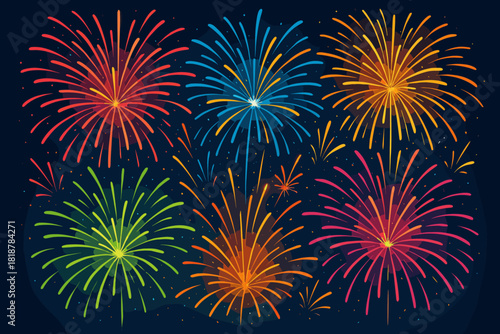 Vibrant Fireworks Display. Bright fireworks exploding in vivid colors against a night sky, dynamic and celebratory, perfect for