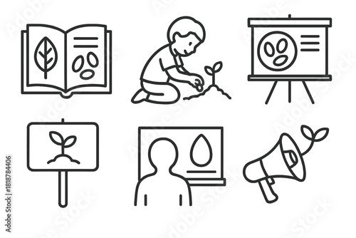 Seed Saving Icons. Line style icons of Education and Advocacy for Seed Saving: illustrated seed guidebook, child planting heirloom