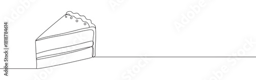 Continuous one thin smooth line simple minimalistic drawing of a slice of cake on a white background