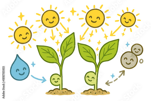 Cheerful Photosynthesis Harmony. Playful doodle photosynthesis efficiency scene with happy plants, cartoon photons entering leaves