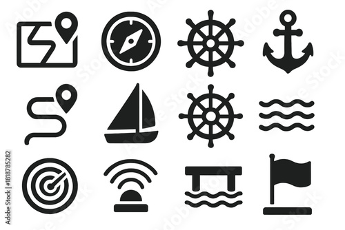 Sustainable Navigation Icons. Solid style icons of sustainable navigation: GPS map, compass, steering wheel, anchor, route marker,