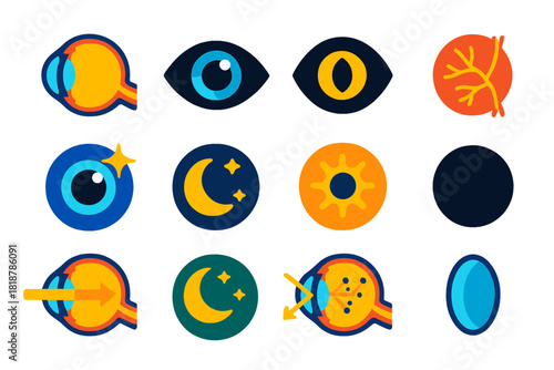 Nocturnal Eye Icons. Flat vector icons of tapetum lucidum adaptations: reflective layer, eye shine, nocturnal eye, retina, light