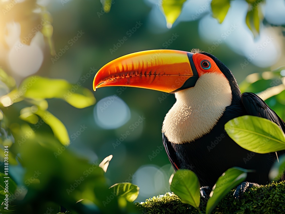 Naklejka premium Tropical bird feeding on branch rainforest wildlife photography lush greenery close-up nature's vibrancy