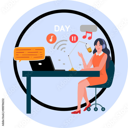 Illustration of Woman Recording Podcast at Desk