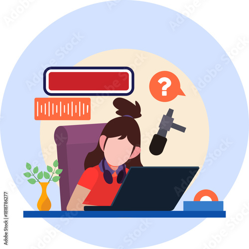 Illustration of Woman Recording Podcast at Desk