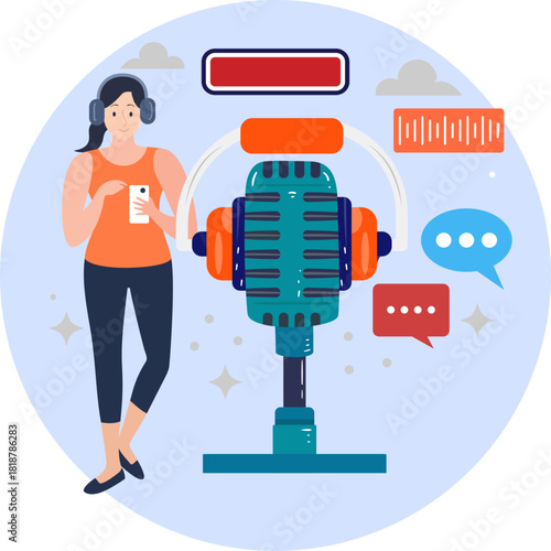 Podcast Recording Graphic with Woman and Microphone